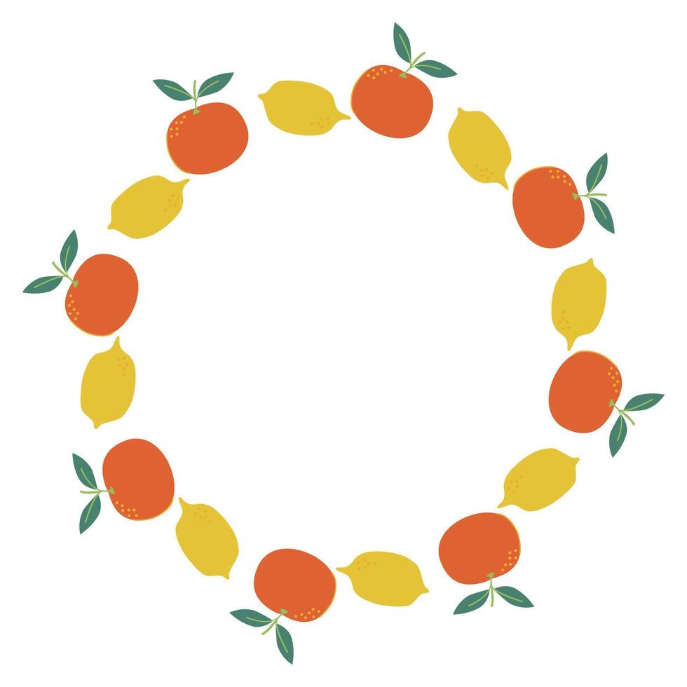 Round frame decorated with oranges and lemons with green leaves. Illustration for greeting card, invitation template. vector