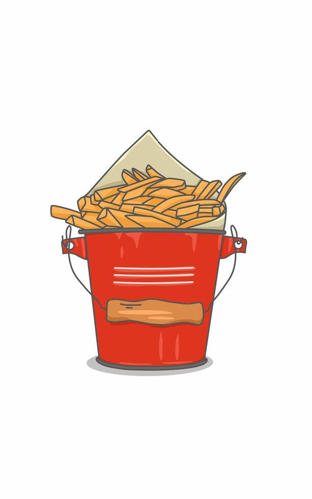 Delicious French fries in a red bucket serve . Food mockup design vector