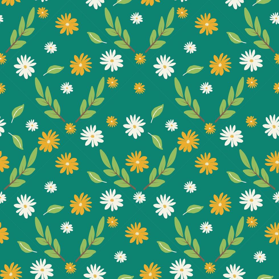 Floral pattern with green background and flowers vector