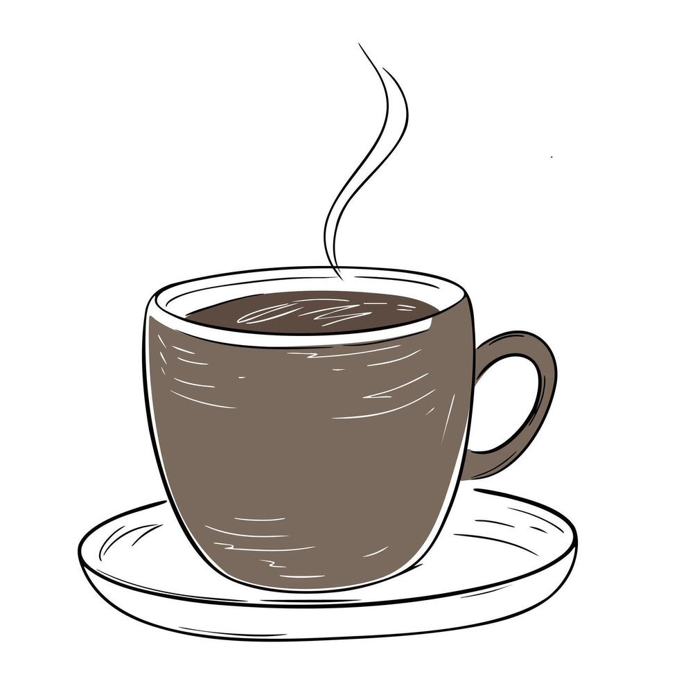 Hand drawn mug with warm drink in cozy sketch style with black outline. Home decor element vector