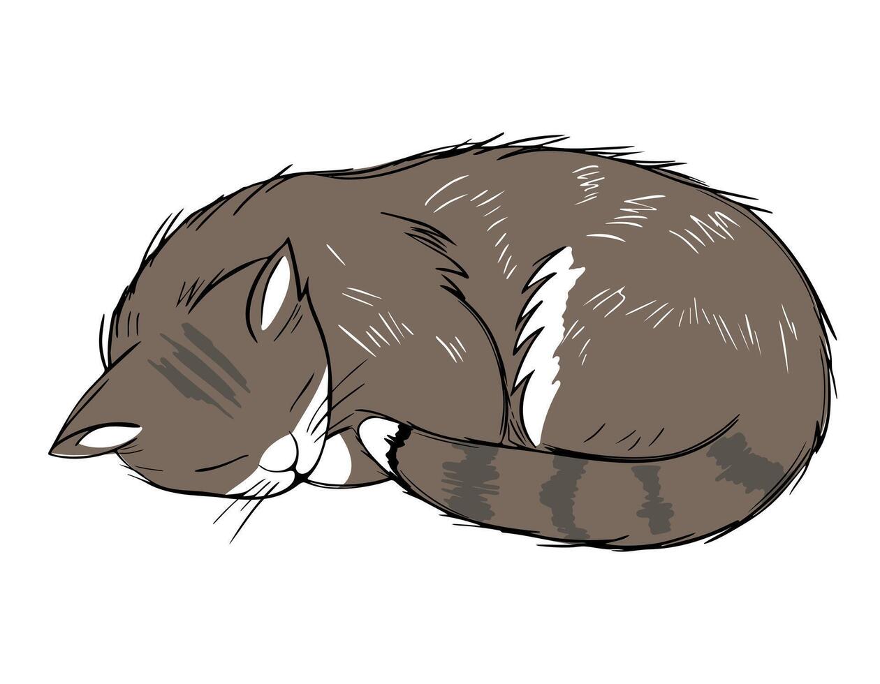 Hand drawn sleeping cat in pastel colors. Sketch style with black outline. Cozy cute kitten illustration vector