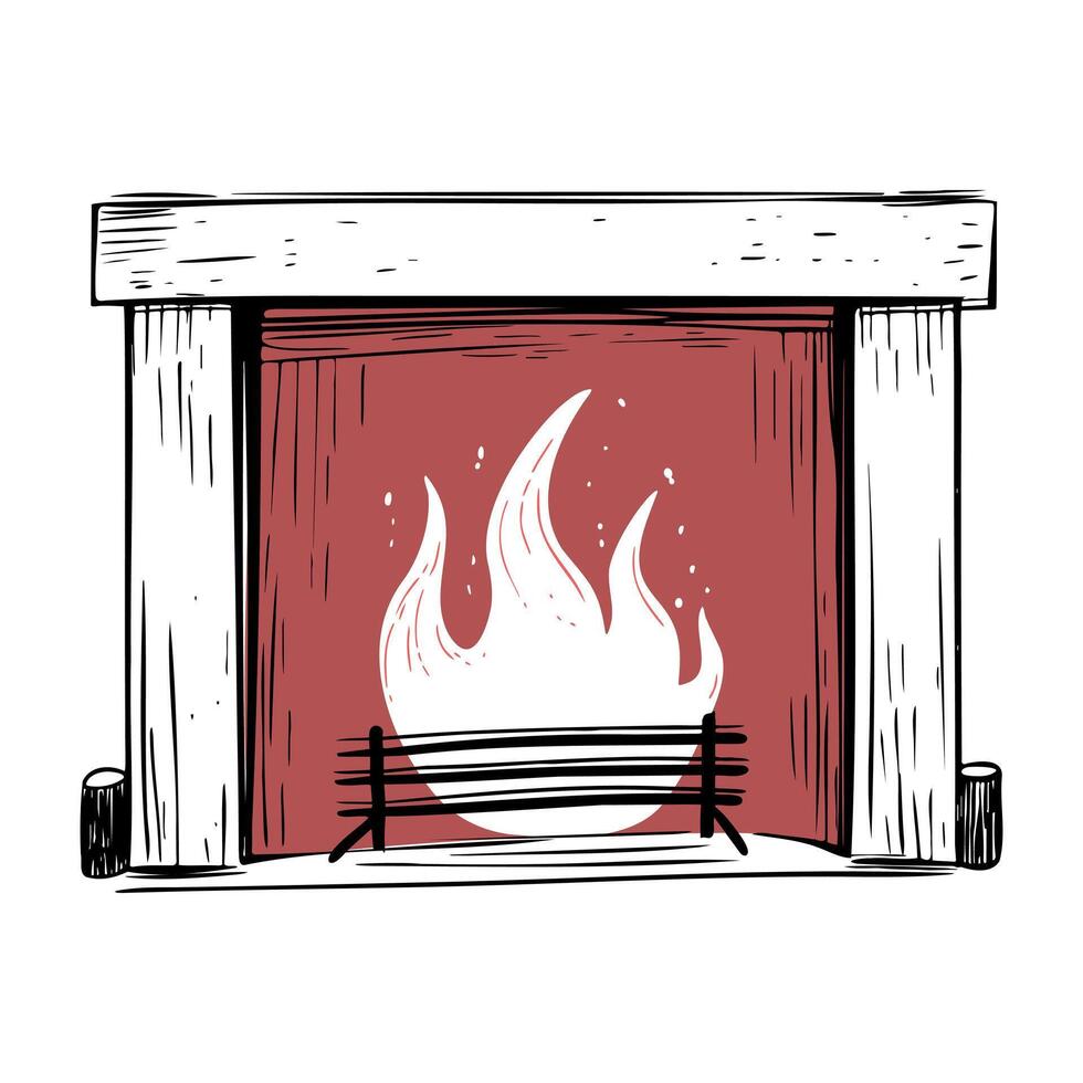 Fireplace illustration in hand drawn sketch style with black outline for cozy atmosphere vector