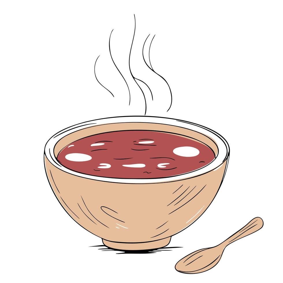 Hand drawn bowl of hot soup in sketch style with black outline. Cozy food illustration for home decor vector