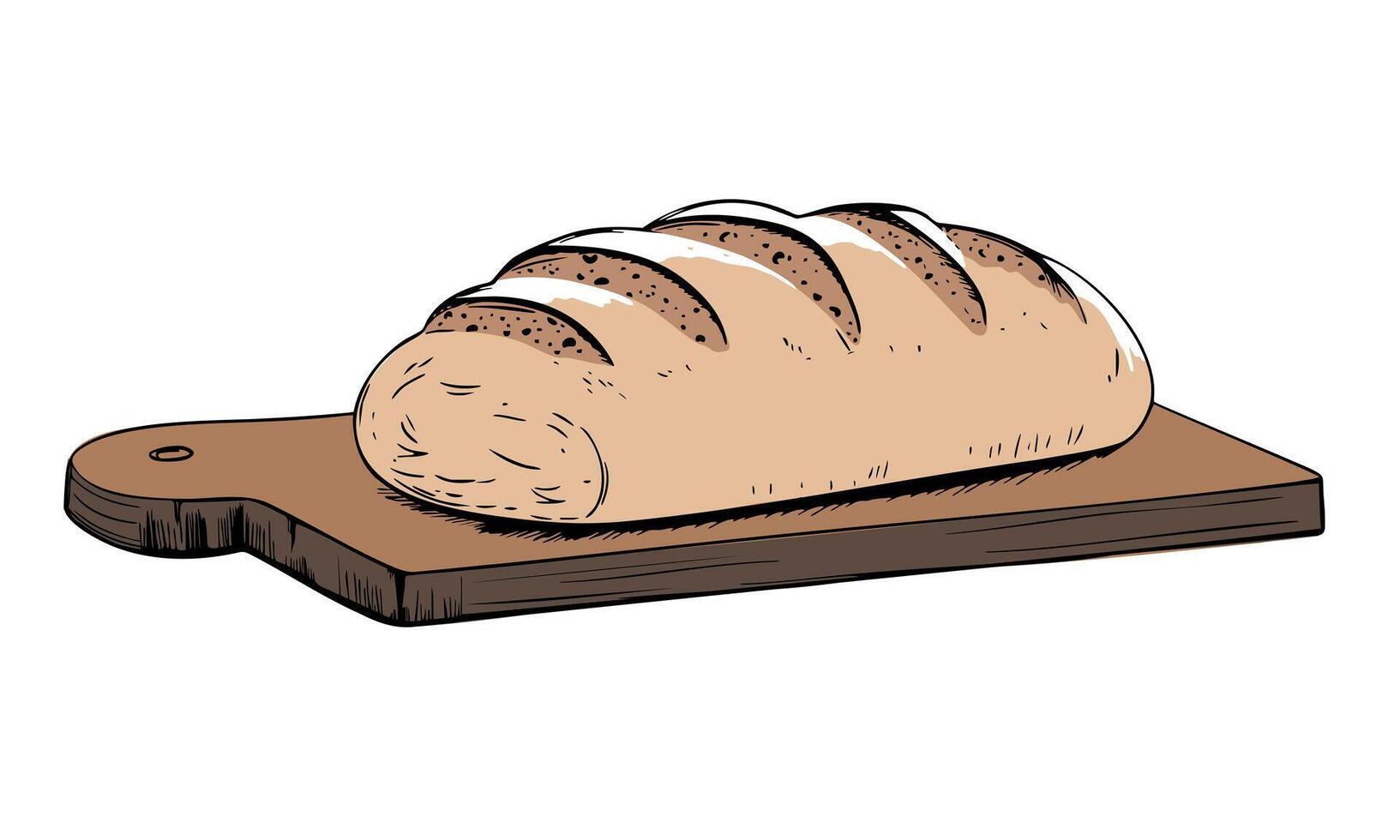 Hand drawn bread on cutting board. Sketch style with black outline. Cozy kitchen food illustration vector