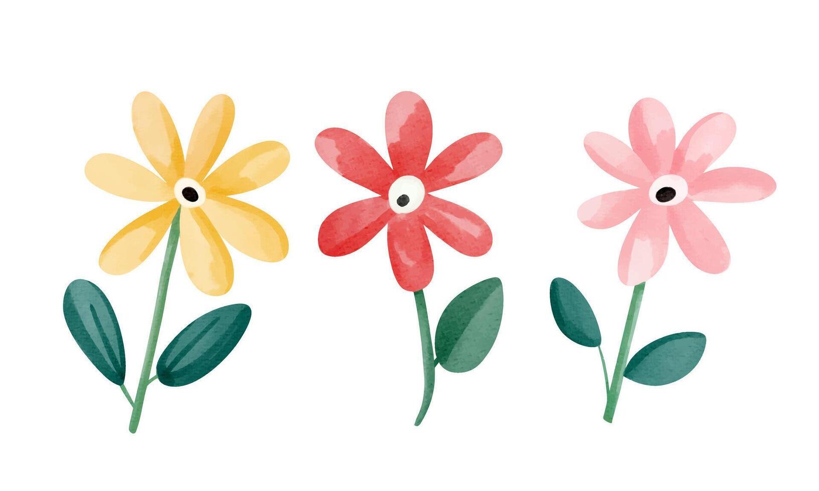 Hand drawn watercolor set with cute daisies in childlike style for fun seasonal decoration and prints vector