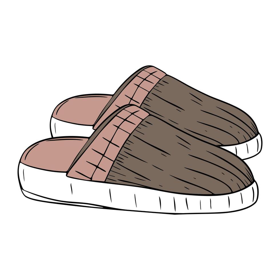 Hand drawn home slippers in sketch style with black outline. Cozy interior element vector