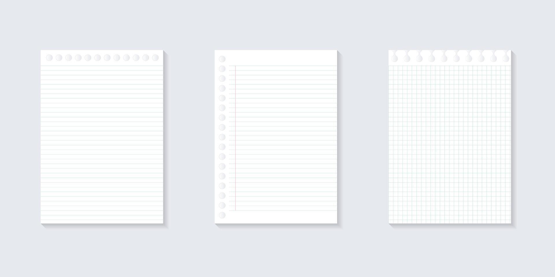 Set Blank white notepaper design. Hand drawn blue lined paper background vector