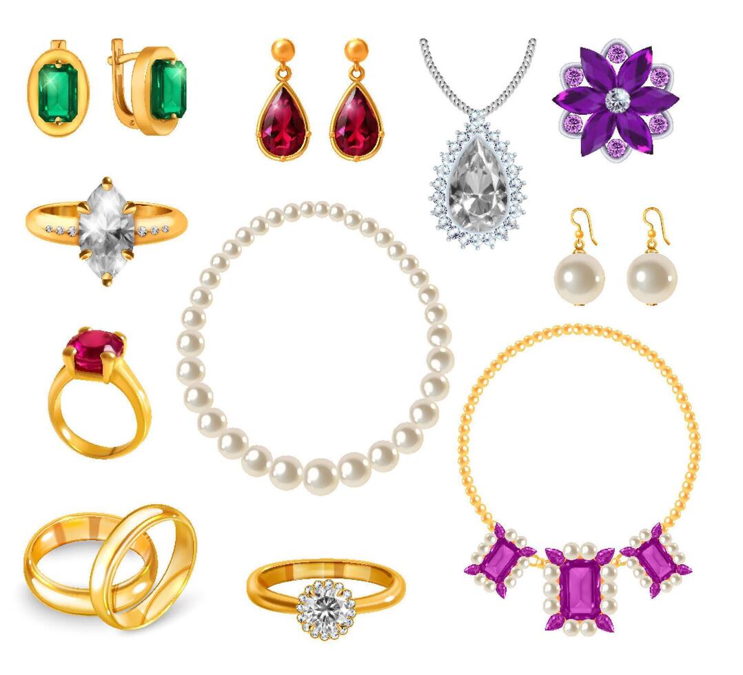 Elegant jewelry collection with rings and necklaces vector