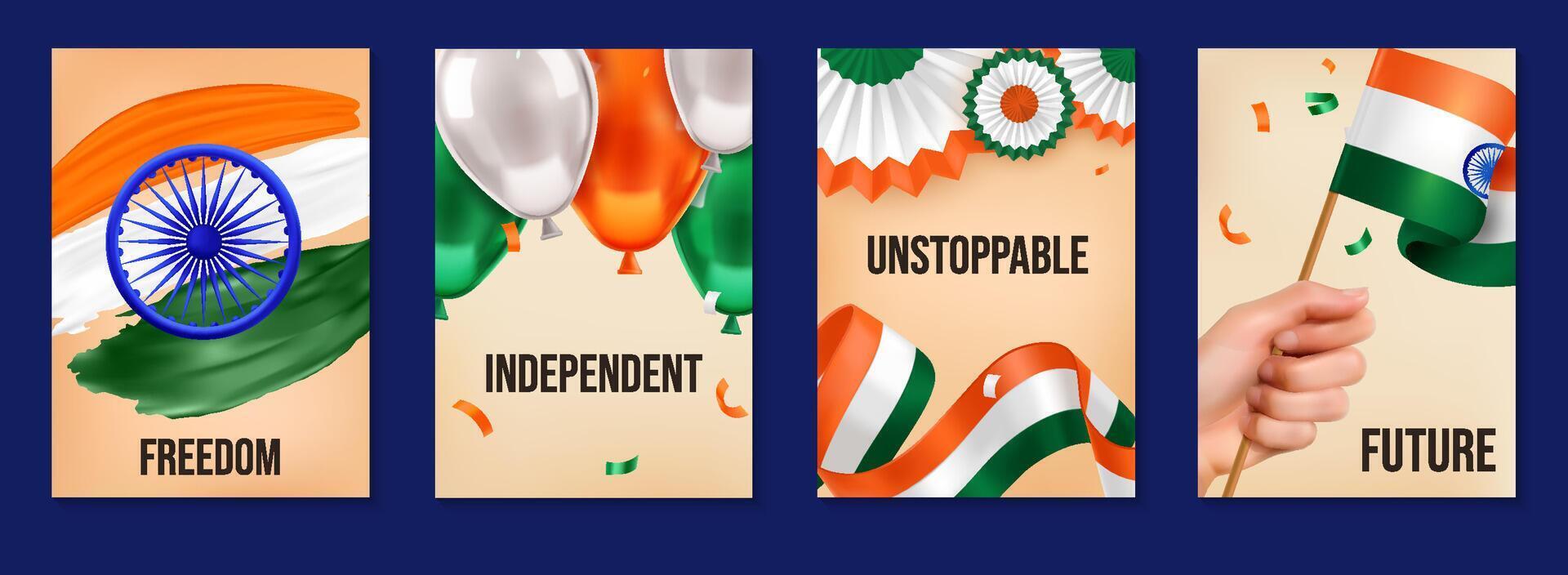 India Independence Day Celebration Realistic Greeting Card Collection vector