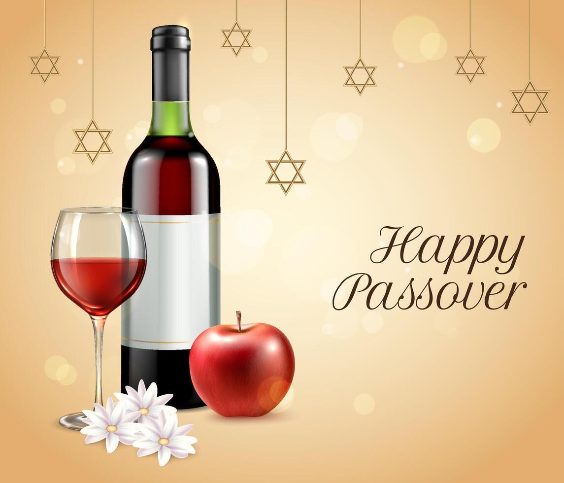 Realistic Happy Passover Background with wine bottle vector