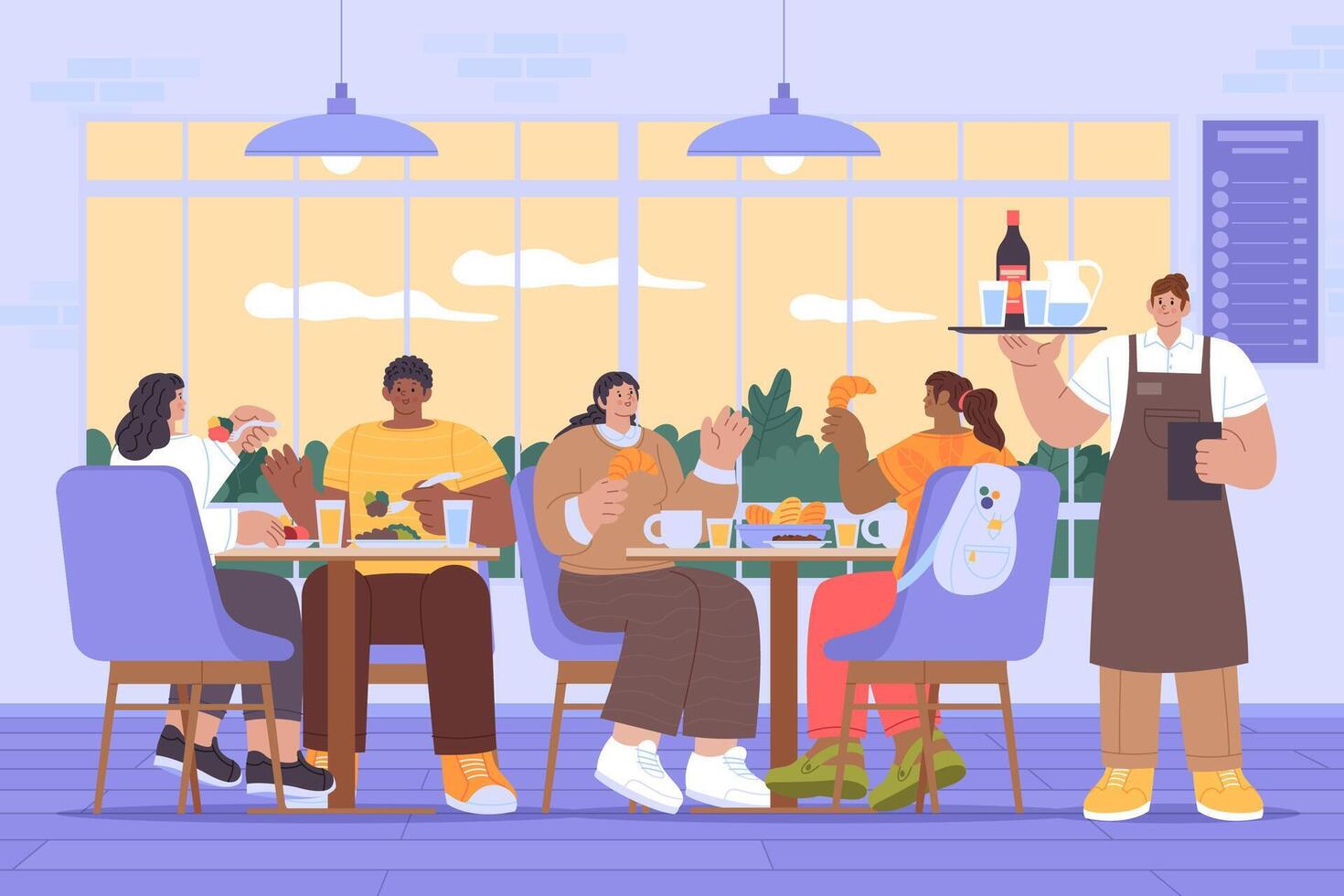Group dining in modern cafe setting vector