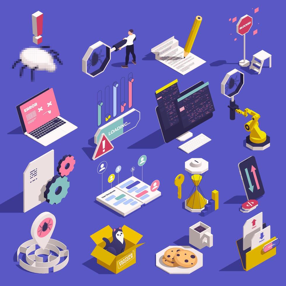 QA Software Testing Isometric Original Set vector