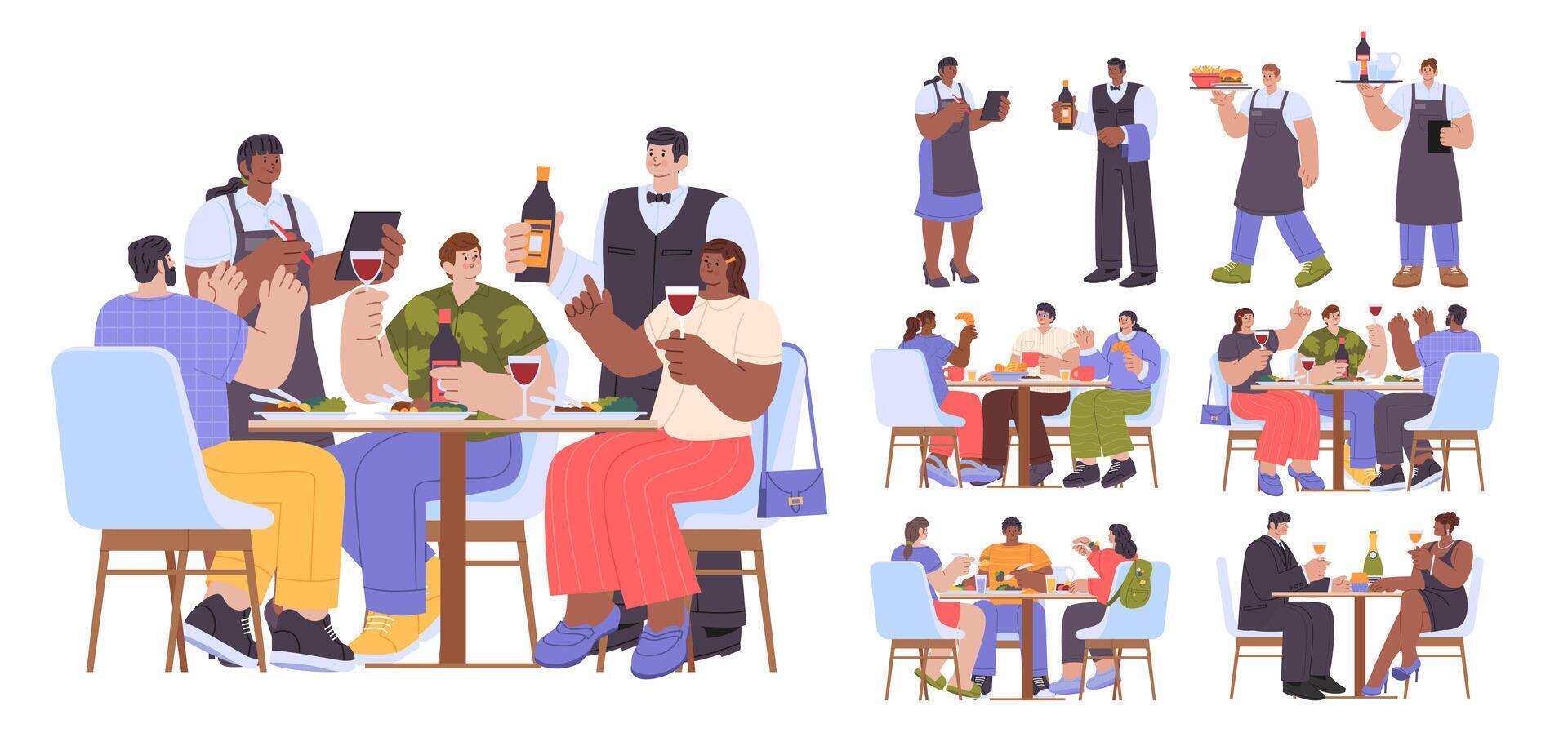 People at restaurant Hand Drawn flat icons with illustration vector