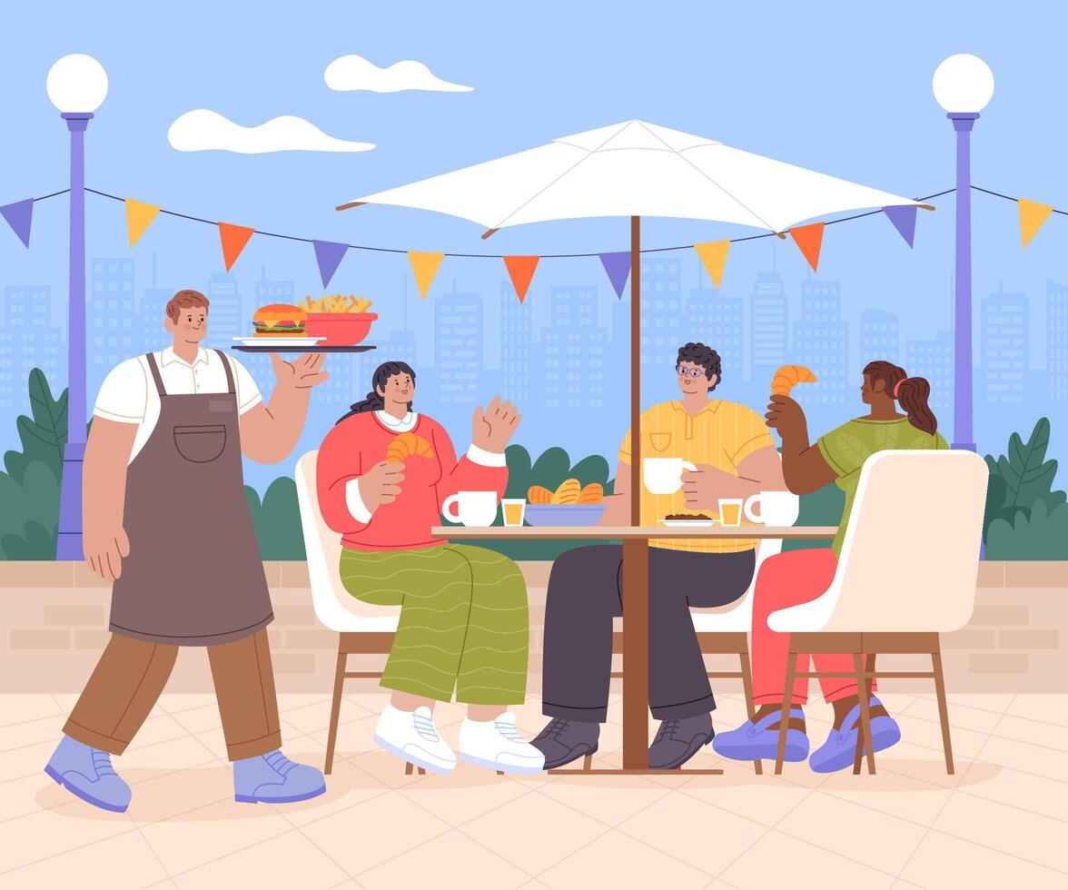 People at restaurant Hand Drawn flat Composition vector