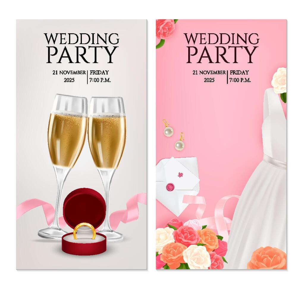 Realistic Wedding party Vertical invitations Set vector
