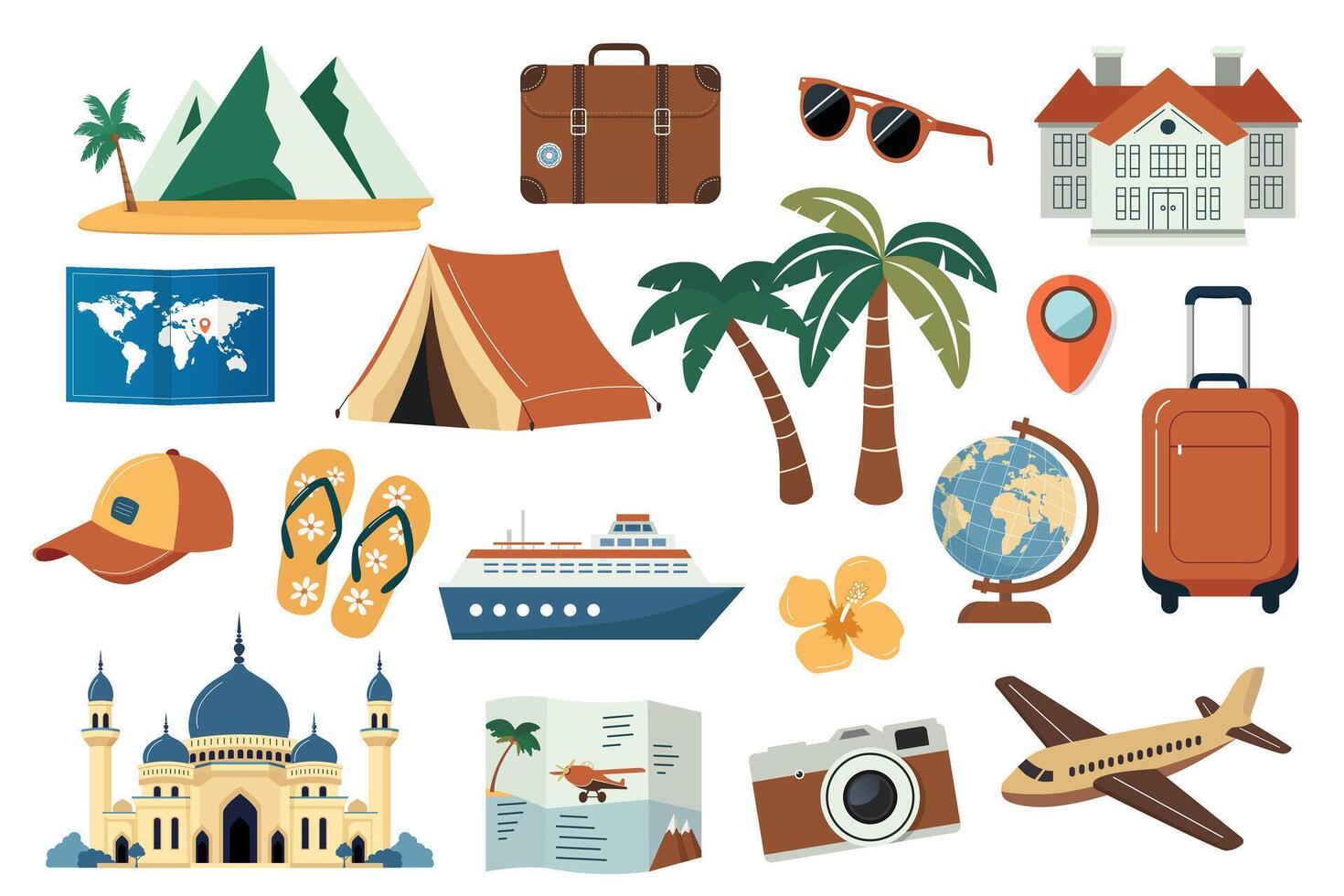 Flat style travel set with colorful tourism elements for vacation design, adventure projects. Trip planning vector