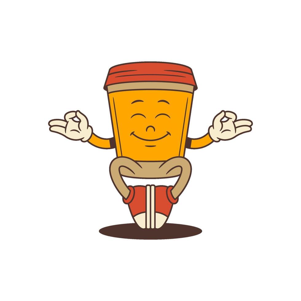 Cheerful Coffee Cup Mascot With Red Lid Calmly Meditating In Peaceful Pose Illustration vector