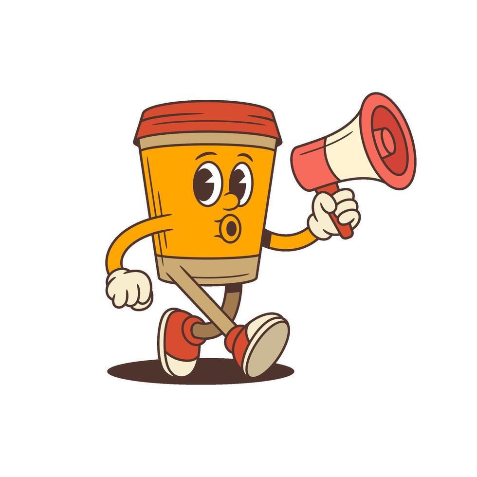 Energetic Orange Coffee Cup Mascot With Red Lid Holding Megaphone Illustration vector