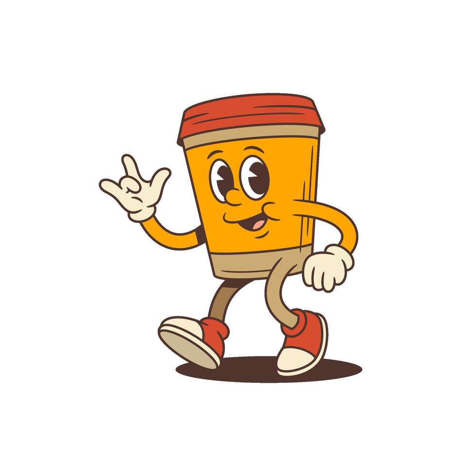 Energetic Confident Orange Coffee Cup Mascot Walking With Rock On Gesture And Friendly Smile vector
