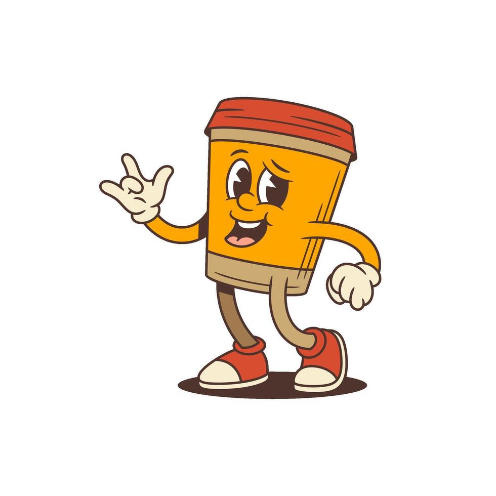 Playful Coffee Cup Mascot Showing ILY Hand Gesture In Retro Cartoon Style Illustration vector