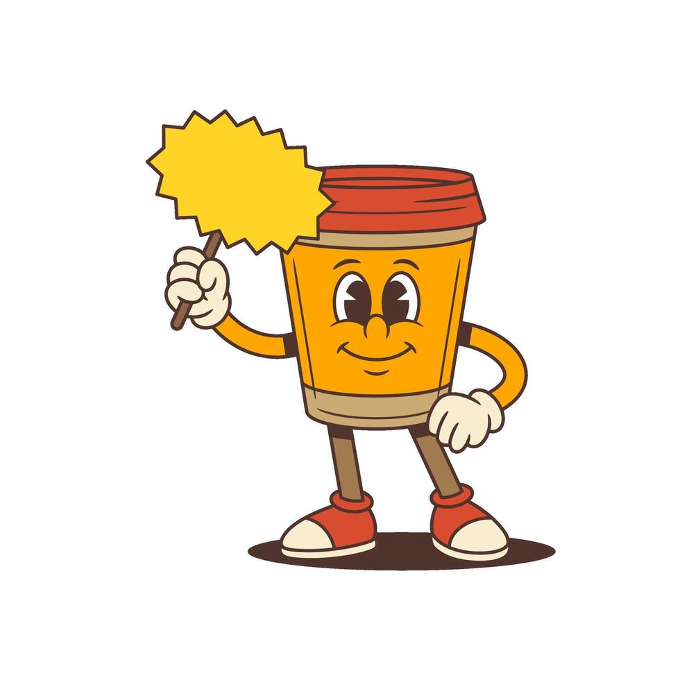 Smiling Orange Coffee Cup Mascot Holding Star On Stick With Red Lid And Sneakers Illustration vector