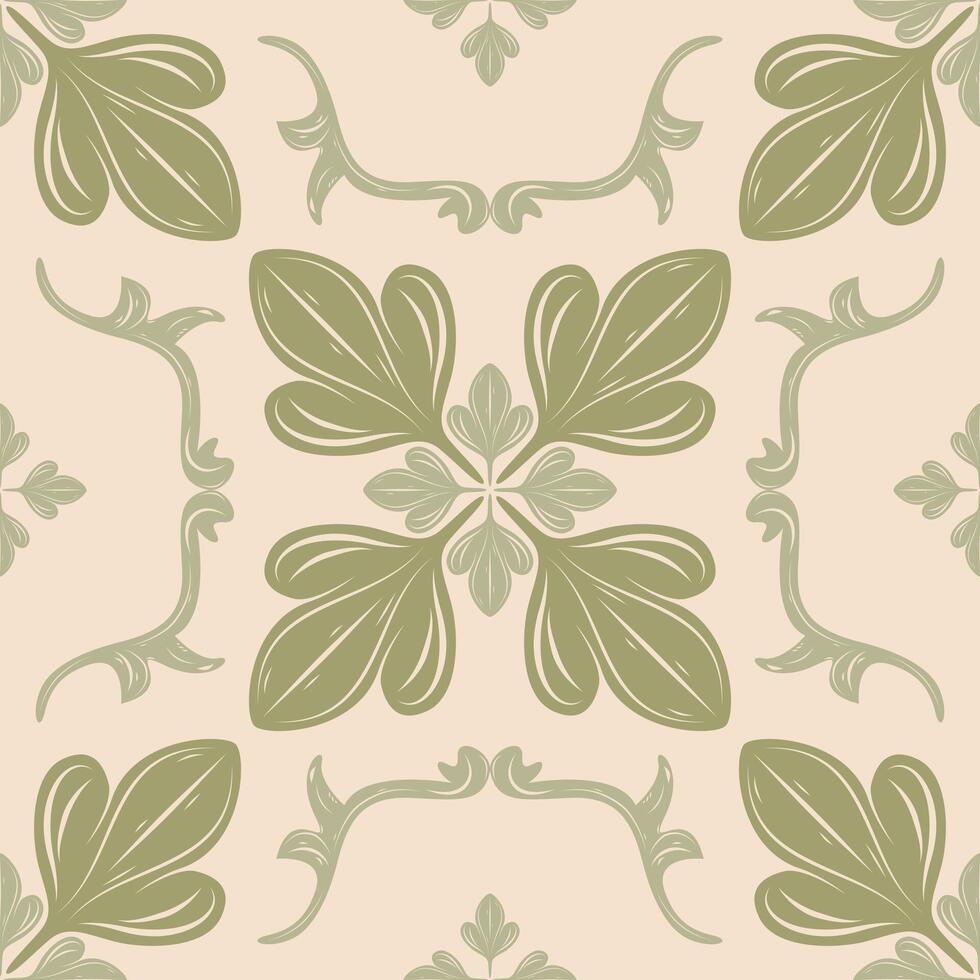 Damask Neo Classical Mythology Botany Leaves Petals Florals Medieval Style Seamless Repeat Pattern. Delicate Hand Drawn Royal Celadon Green Olive Scroll Ornament on Beige Background, Mosaic Tiles Lace vector