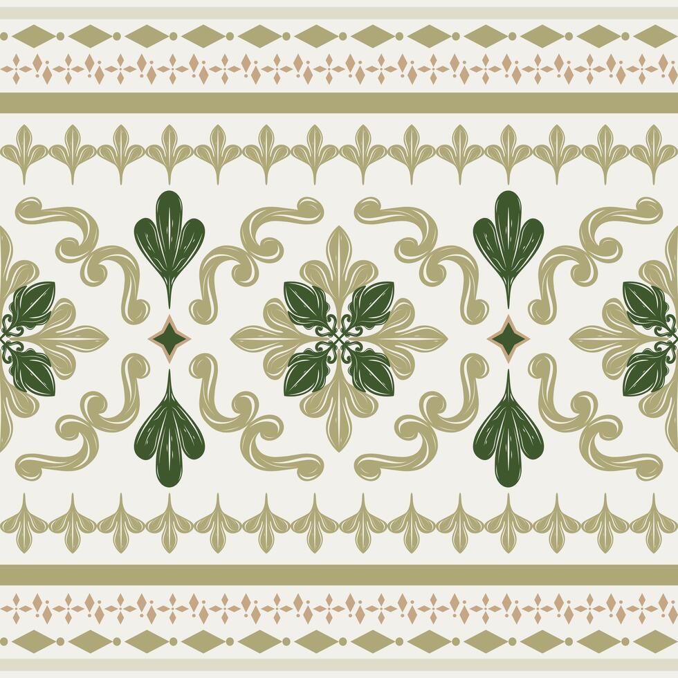 Ancient Royal Palace Scroll Ornament Border Decoration Pattern. Baroque and Byzantine Style with Green Olive Shades on Light Beige Background Grand Celadon Luxury Florals Leaf Nature Design Embroidery vector