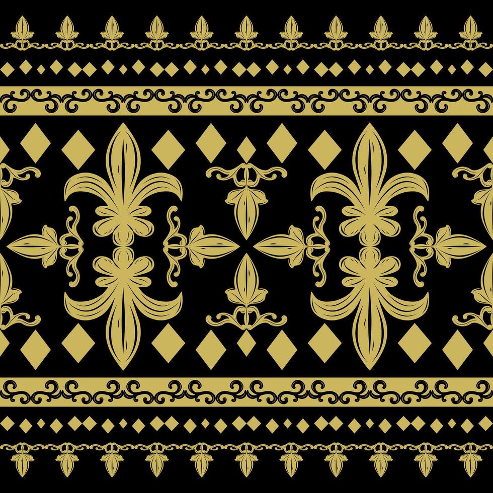 Beautiful Fleur de lis Inspired Medieval Victorian Baroque Elaborate Rich Royal Gold Ornament Pattern Border. Exquisite Empire Style scroll and geometric element for Luxury Decoration Embroidery Batik vector