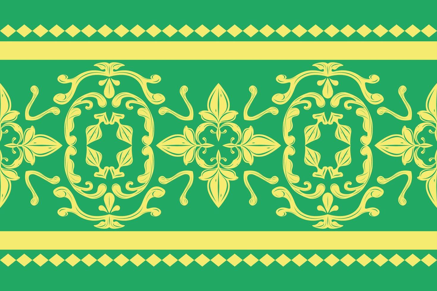 Flourish Artistic Traditional Medieval Florals Border Pattern. Royal Style Yellow Ornament on Green Background. Exotic Modern Color Baroque Inspired for Embroidery Gold Silk Weaves Handicraft Ceramic vector