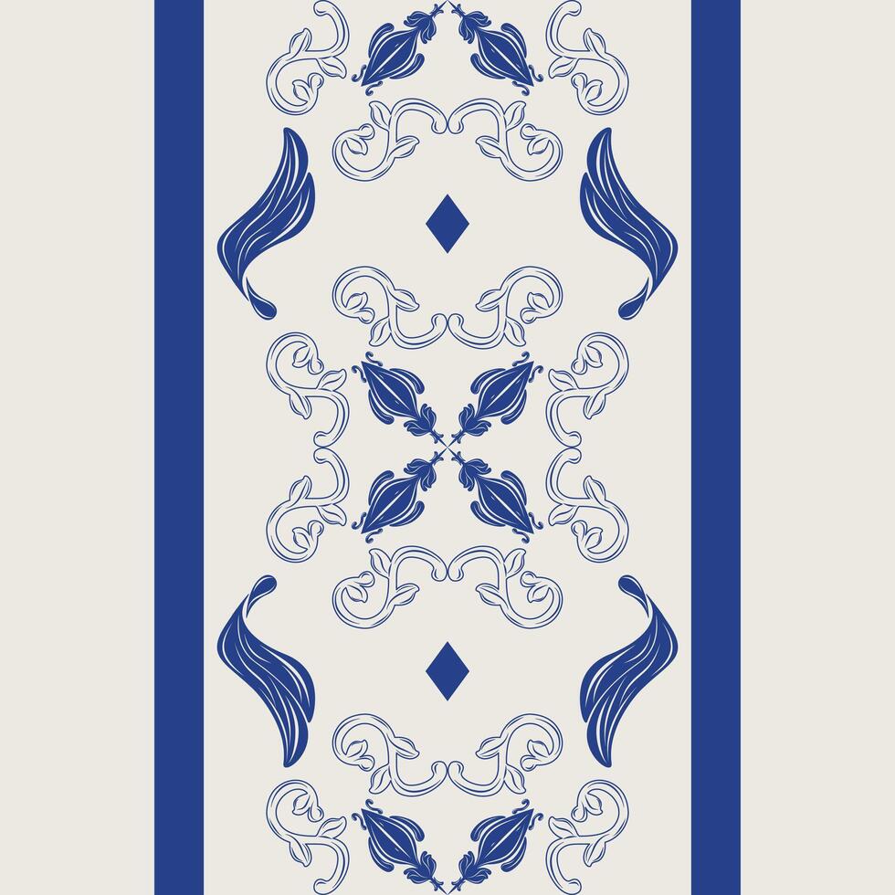 Royal Blue Luxury Motif Hand Drawn Ceramic Design Oriental Heavenly Wings Feather Inspired Seamless Border Lace Pattern. Elegant Monotone Fleur de lis Baroque Style for Tiles Mosaic Fabrics Textiles vector
