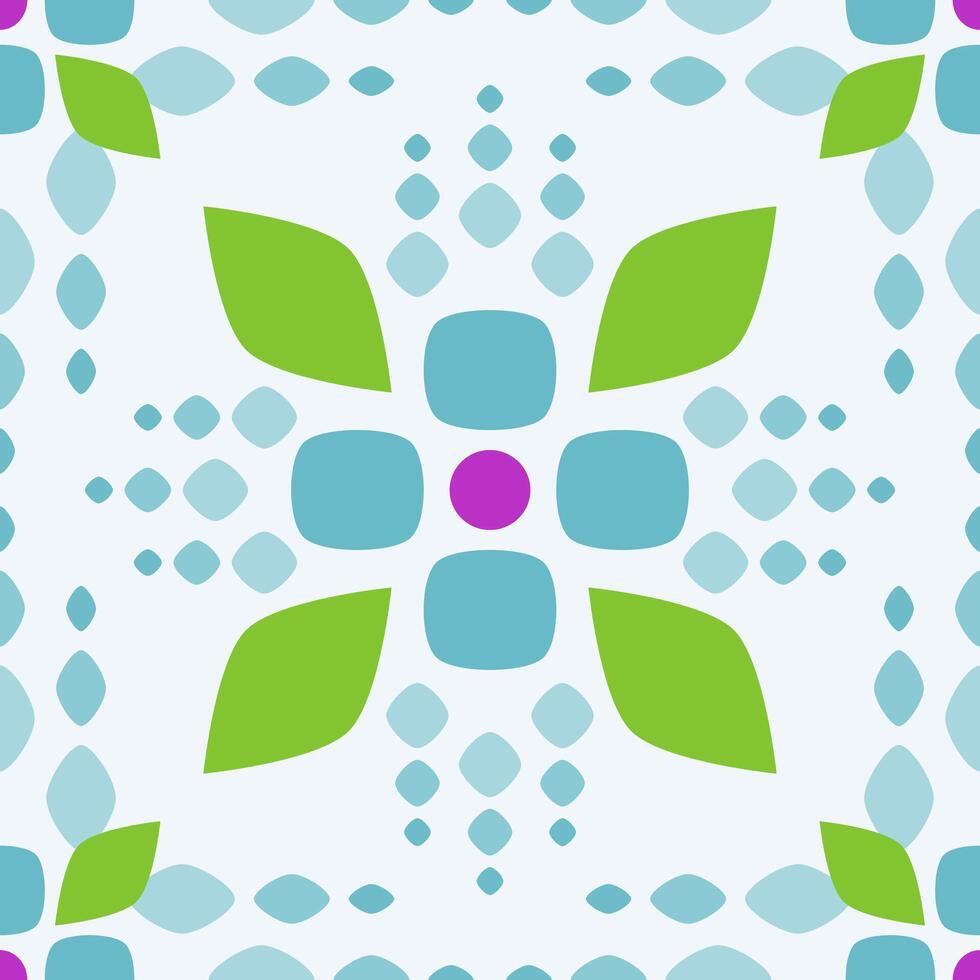 Square Floral Geometric Tile Seamless Pattern in Cool Tones clean geometric shapes in aqua blue, green, and purple on a light pastel background. product packaging, home textiles, digital wallpapers vector