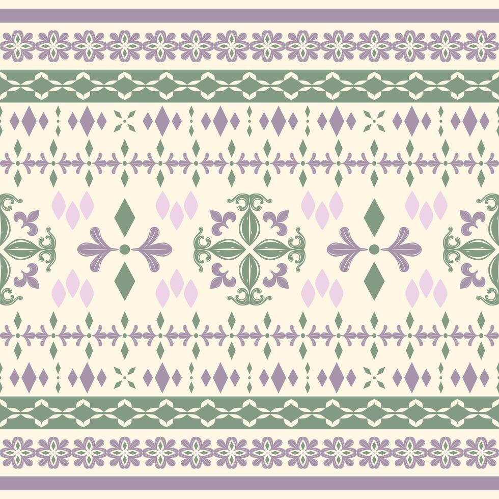 Beautiful horizontal border pattern in lilac, olive green, cream. Inspired by traditional Asian textile arts, floral bands, diamonds, ornamental repeat for wrapping silk textiles print spa branding vector