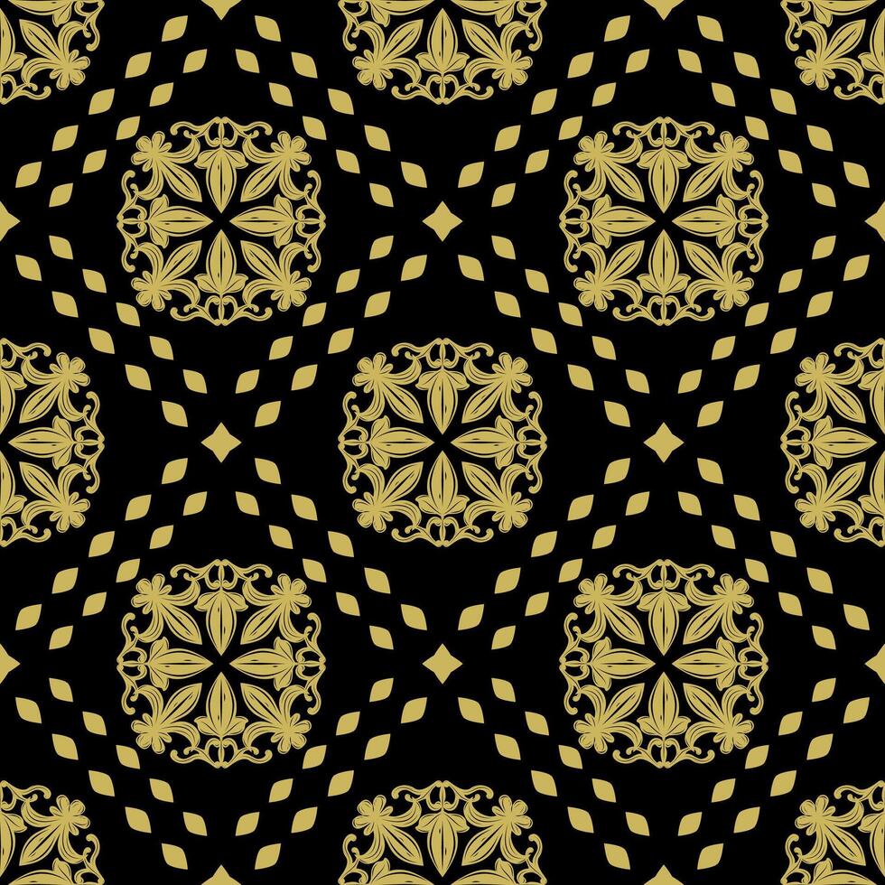 Intricate Arab Seamless Pattern with Beautiful Fleur de lis Flourish Ornament and Geometric Combine Delicate Repeat Pattern. Mystery Royal Gold Luxury Grid Repeat Style for Fabrics Tiles Floor Textile vector