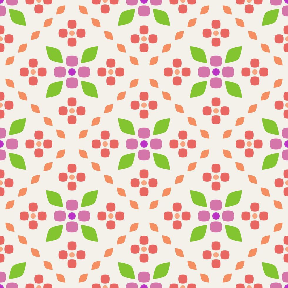 Eye-catching floral seamless pattern with vibrant red pink green flowers arranged in a tile structure. The energetic design is ideal for bold packaging, lifestyle products, spring fashion, kid's craft vector