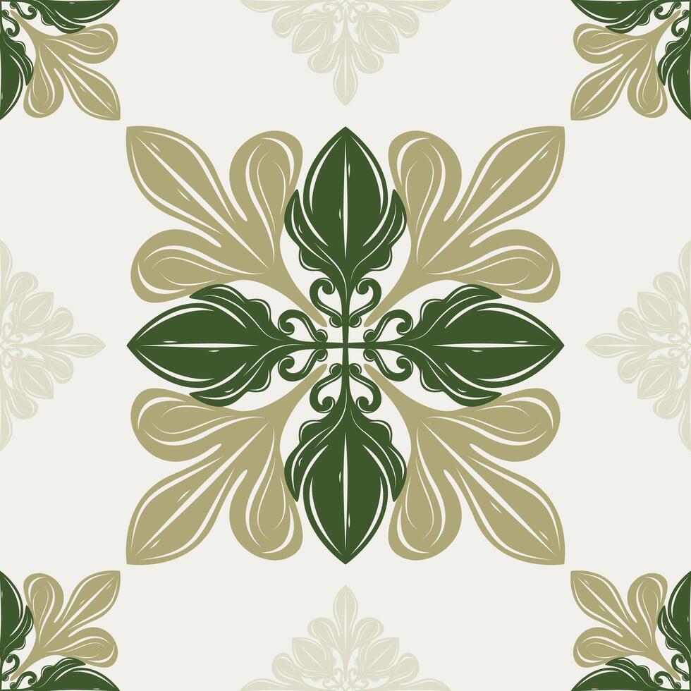 Royal Gentle Mild Seamless Luxury Mythology Baroque Era Monogram Elegance Royal Pattern. Greenery Nature Botanical Style with Olive Celadon Shades on Light Beige Background. Tiles Floor Embroidery vector