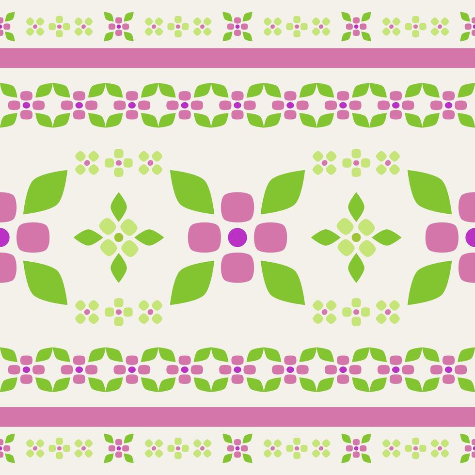 Seamless pattern with alternating rows of geometric flowers and stripes in pink and green hues. symmetrical layout and clean lines create a playful modern look for textile prints children product rug vector