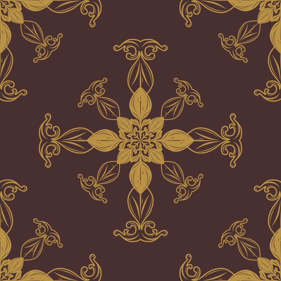 Exotic Magnificent Baroque Blooming Exquisitely Elaborate Seamless Pattern with Gold Scroll Ornament on Brown Background. Delicate Artistic Filigree Handicraft Drawn Embroidery Fabrics Textile Tiles vector