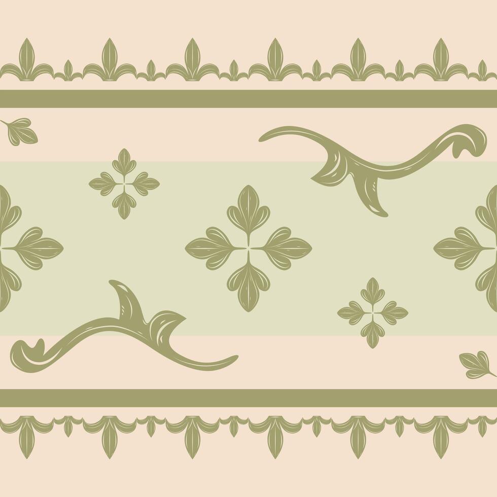 Abstract Medieval Scroll Ornament with Celadon Green Shades Seamless Border Pattern. Neo Classic Fleur de lis Flowing Four Leave Clover. Elaborate Modern Botany Delicate Elaborate Striped Apparel Lace vector