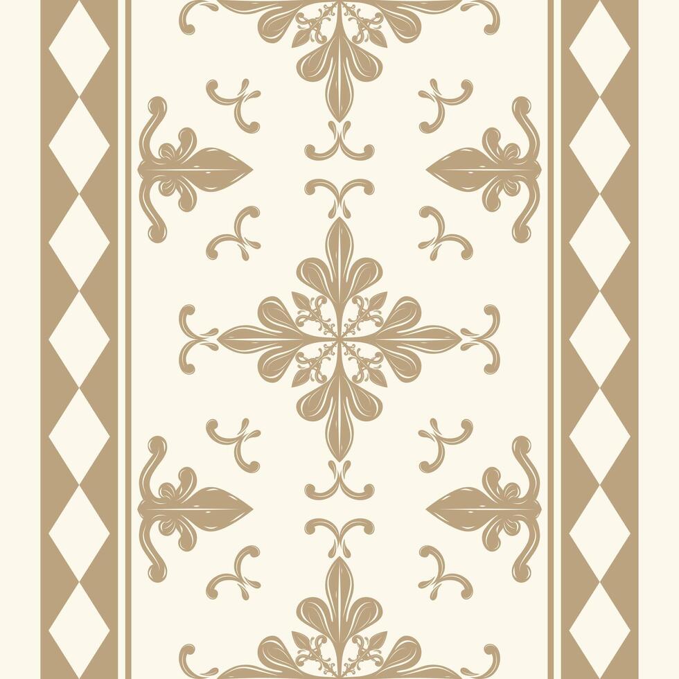Delicate Royal Florals Design with Golden Silk Weaves on Beige Background. Luxury Decoration Scroll Ornament and Geometric Combine for Textiles Texture Prints Tiles Wallpaper Seamless Border Pattern vector