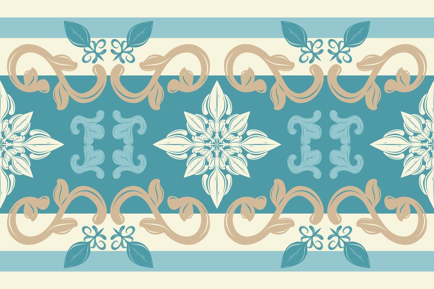 Luxury Damask Velvet Intricate Motif Florals Border Pattern with Gold Blue on Beige Background. Elegance Botany Baroque Atlantis Inspired Artistic Ornament Style for Embroidery Silk Filigree Scarf Rug vector