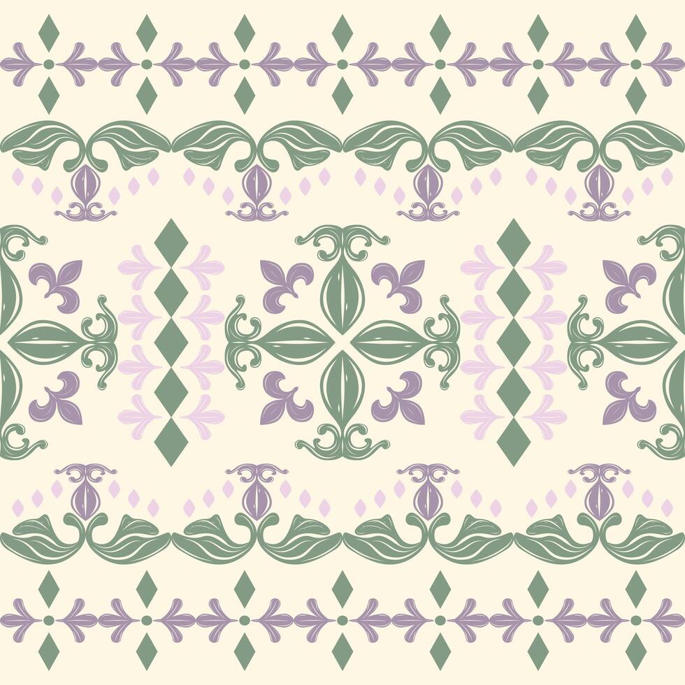 Elegant floral pattern inspired by vintage Thai motifs in soft green, lavender tones. Features intricate leaves, vines, ornamental border evoke a sense of tradition and natural elegance. Textile Silk vector