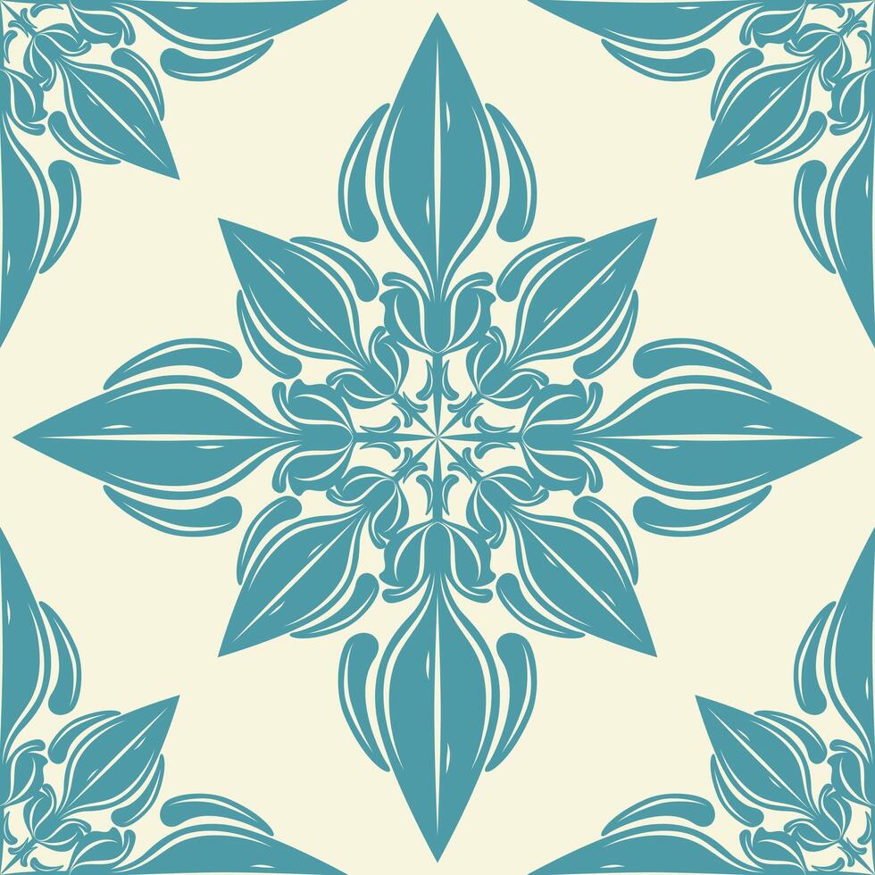 Intricate Flourish Fantasy Medieval Florals Tiles Decoration Royal Viridian Blue Ornament on Beige Background. BEAUTIFUL Blooming Damask Baroque Symmetric Seamless Pattern Silk Floor Curtain Textiles vector