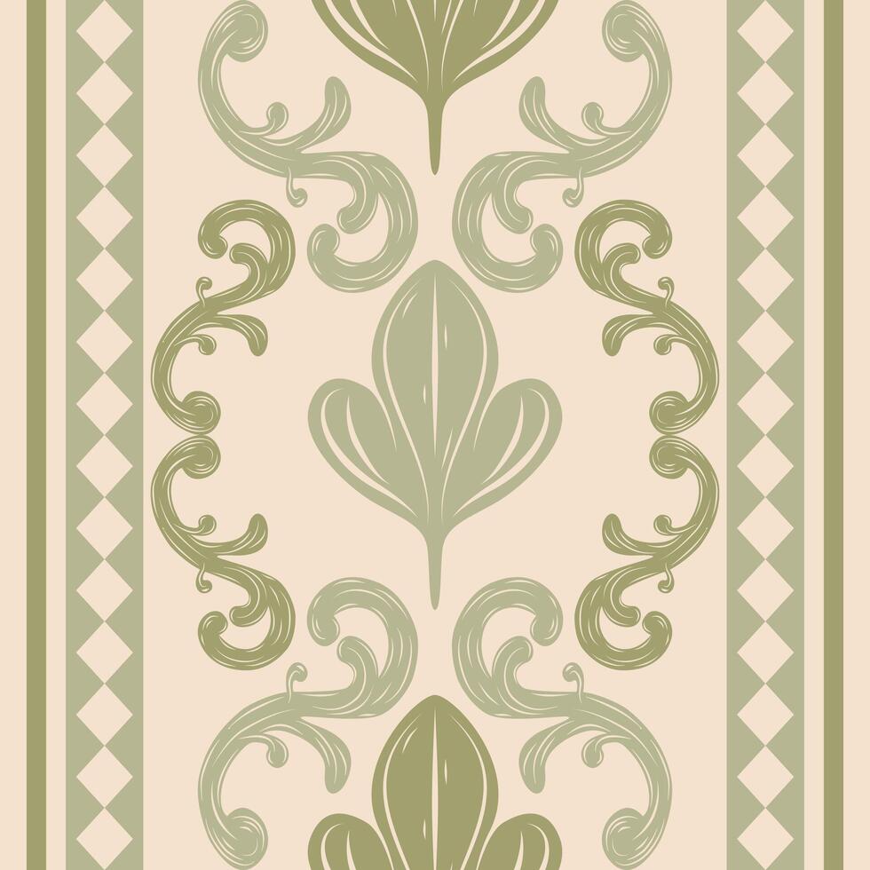 Magnificent Neo Classic Style with Olive Green Elaborate Scroll Geometric Ornament. Medieval Expression Abstract Leaf Petals Celadon Shades, Embroidery Filigree Intricate Mythology Royal Pattern Scarf vector