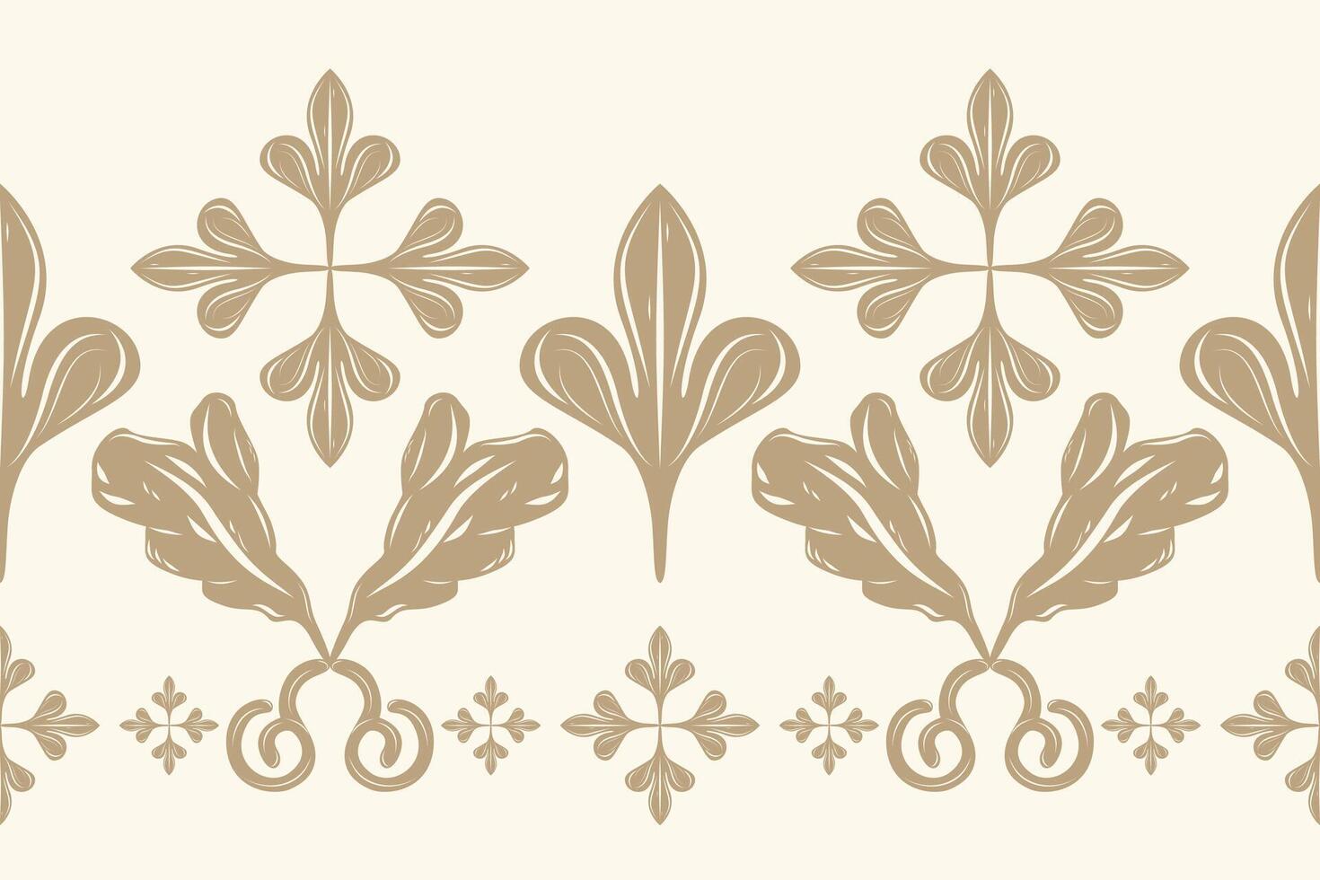 Flourish Elegance Royal Gentle Gold Scroll Ornament Decoration Seamless Border Pattern. Luxury Botanical Fleur de lis Style Striped for Rich Design Wallpaper, Carpet, Apparel Garment, Embroidery, Lace vector