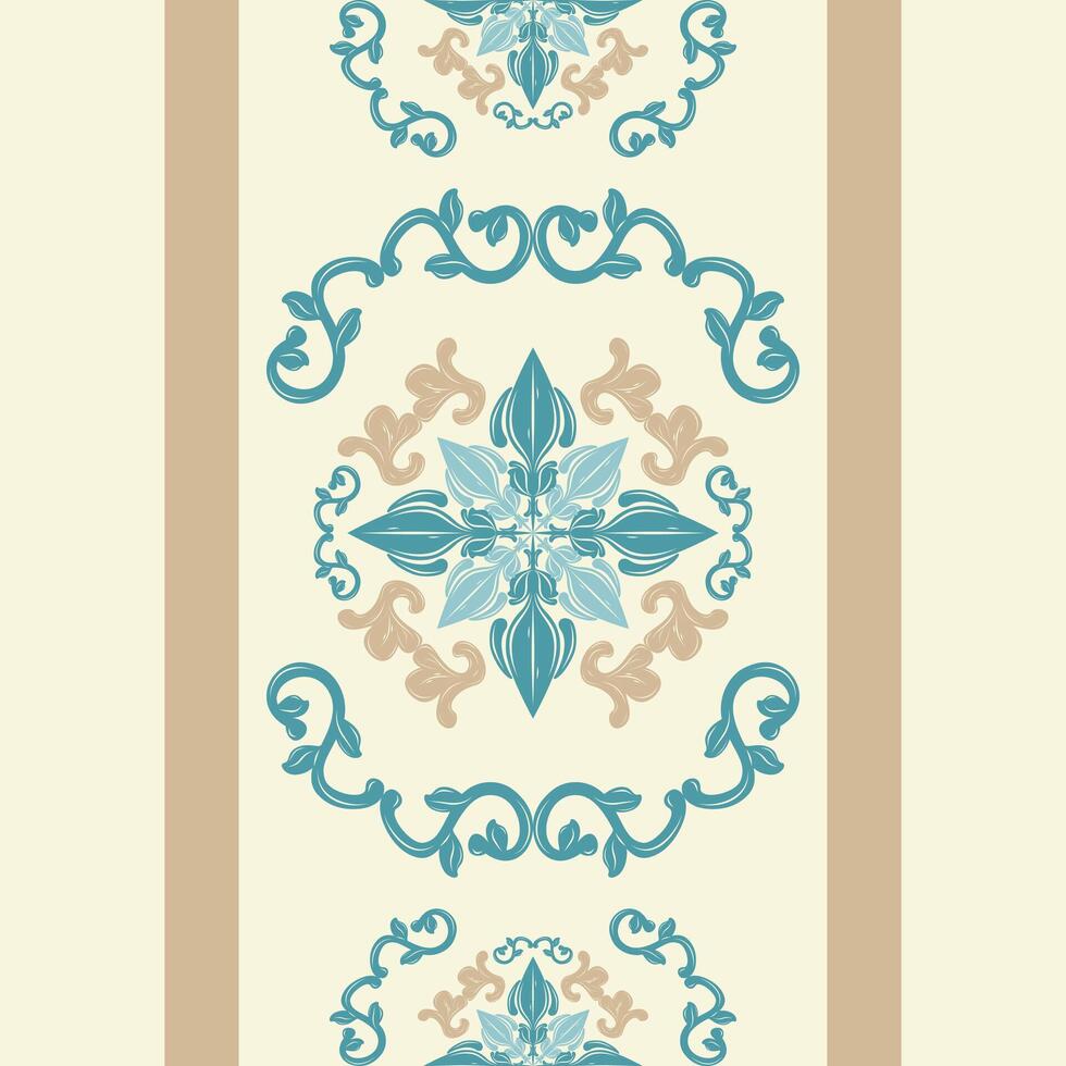 Classy Boutique Tablecloth Gentle Warm with Blue Gold Beige Theme Royal Scroll Ornament Seamless Border Pattern. Boho Gypsy Mandala Medieval Combine Styles for Silk Scarf Garment Embroidery Ethnic Rug vector
