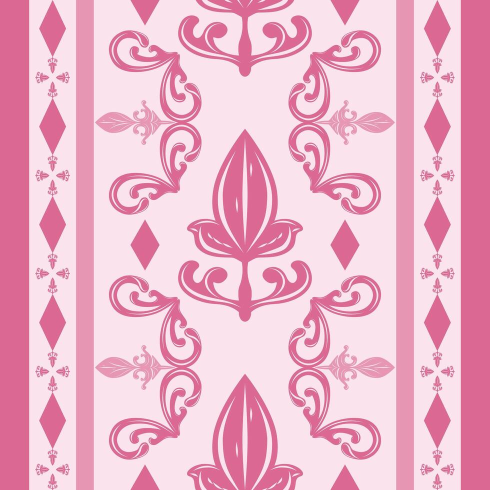 Flawless Artistic Abstract Botanical Style Luxury Ornament on Pinkish Theme. Seamless Border Pattern Geometric Baroque Detailed. Perfect for Apparel Scarf Cover Embroidery Silk Handicraft Filigree Rug vector