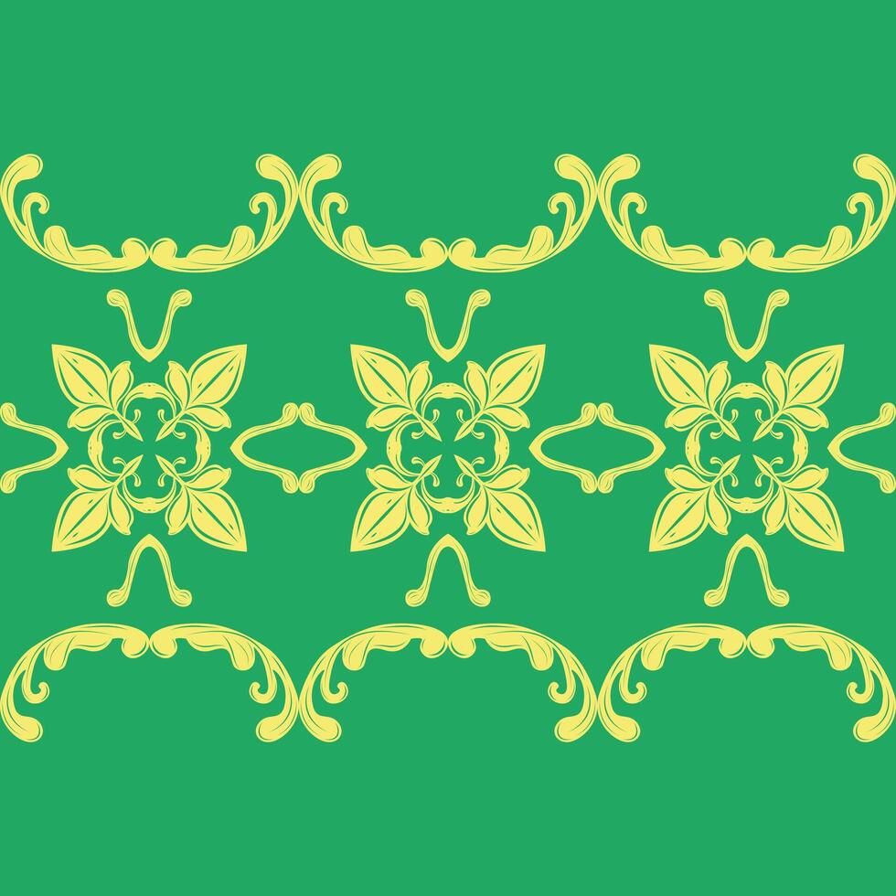 Fine Fresh Green with Yellow Scroll Ornament Delicate Botanical Style Border Pattern. Elaborate Swirl Baroque Rococo Inspired Luxury Filigree Detailed for Rich Decoration Garment Interior Scarf Craft vector