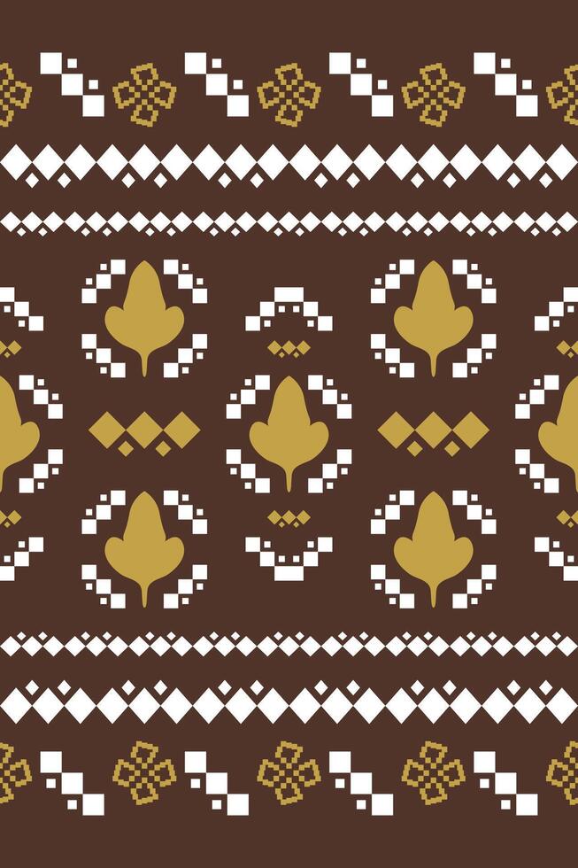 Magnificent Beautiful Cross Stitch Handicraft Ornament White Yellow on Brown. Autumn Warm Botany Style Knit Wear Pattern. Minimal Geometric Border for All Kind of Decoration Garment Scarf Tiles Mosaic vector