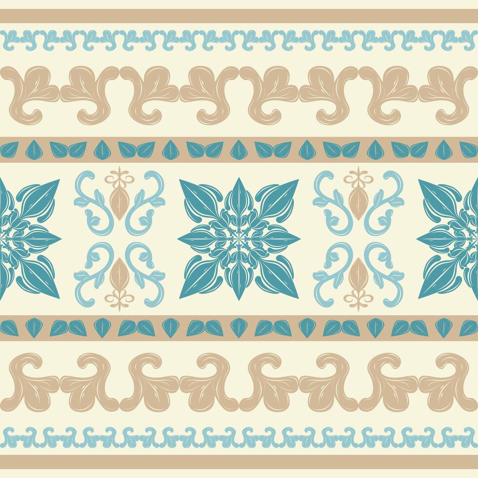 Ethnic Luxury Damask Atlantis Inspired Scroll Ornament on Beige Background. Medieval Gold Viridian Blue Intricate Florals Border Pattern Baroque Style Perfect for Embroidery Silk Tiles Lace Ceramics vector