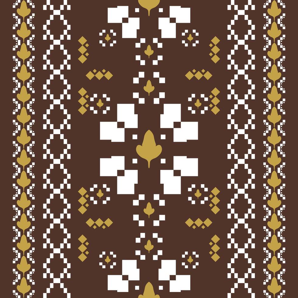 Abstract Pixel Inspired Geometric Traditional Motif Style Beautiful Pattern with Florals Leaves White Yellow on Brown Background. Delicate Neatly Magnificent Design for Culture Handicraft Mosaic Knit vector